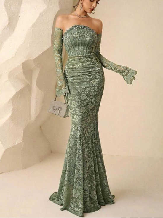Elegant Strapless Lace Mermaid Dress in Sage Green - Picture 7 of 8